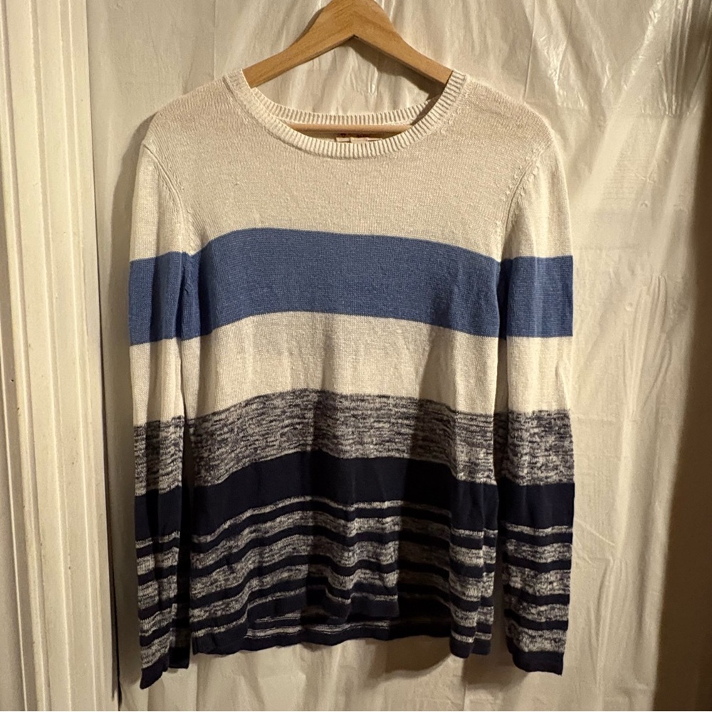 Brooks Brothers Linen Blend Striped Sweater Crewneck Lightweight Navy Cream Sz M